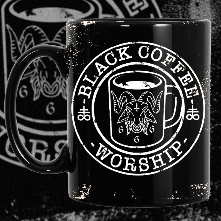 black metal weathered worn retro white ink print bcw logo mug